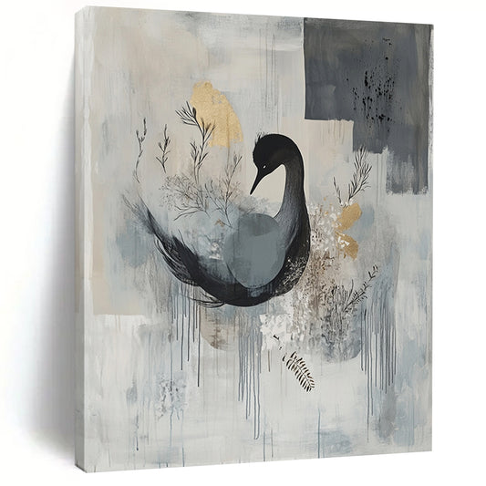 Gray, Blue & Gold with Black Swan - “Elegant Avian Serenity” Painting On Canvas HB207
