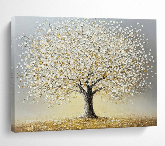 “Silver - Golden Tree” - Gray background, silver leaves, golden accents, Textured Tree Painting On Canvas HB0594