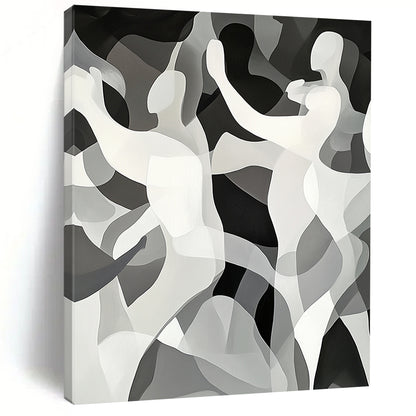 Black, White, Gray, Dancing Figures "Gilded Dance" Abstract Cubist - Inspired Painting On Canvas HB146