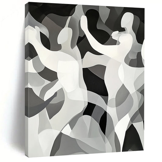 Black, White, Gray, Dancing Figures "Gilded Dance" Abstract Cubist - Inspired Painting On Canvas HB146