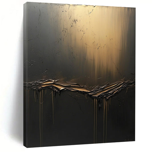 Large contemporary hand-painted abstract artwork features textured dark gray canvas with golden light and flowing black fluid, accented by ethereal shapes. DLZ0691