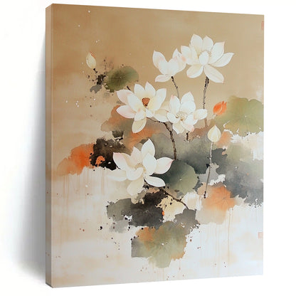 Contemporary hand-painted abstract artwork featuring a white lotus tree blooming on a soft brown background with delicate brushstrokes and ethereal watercolor techniques. DLZ1415