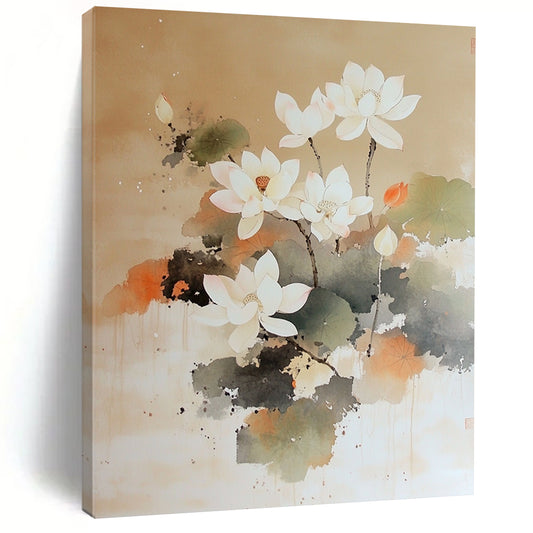 Contemporary hand-painted abstract artwork featuring a white lotus tree blooming on a soft brown background with delicate brushstrokes and ethereal watercolor techniques. DLZ1415