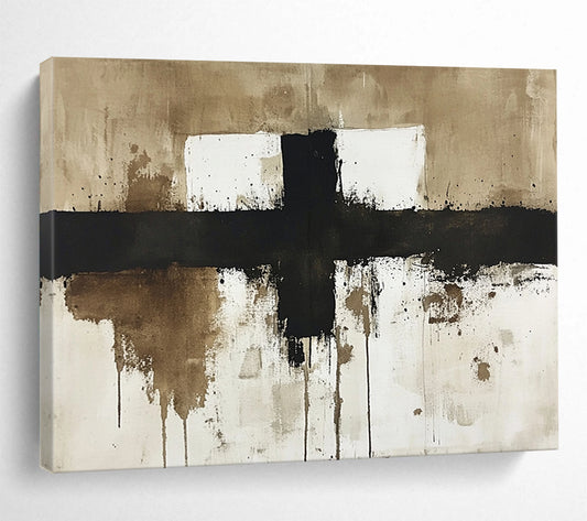 “Minimalist Cross in Earth Tones” - Black, Brown, White, Simplified Cross with Dripping Effects - Abstract Ink - style Painting HB1767