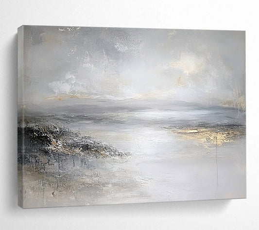 “Gray - Gold Abstract Waterscape” - Gray, Gold, Abstract Waterscape Painting On Canvas HB1111