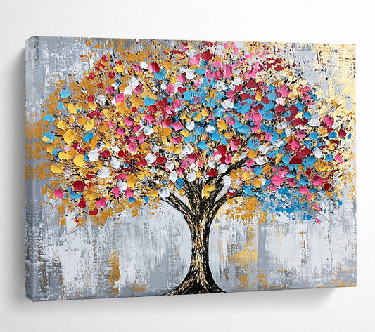 “Colorful Dot Tree” - Gray background, multicolor dots, golden accents, Abstract Tree Painting On Canvas HB0590
