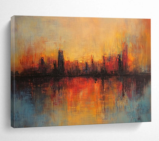 “Sunset City Reflection” - Orange, Red, Blue, Abstract City Sunset Reflection HB1135