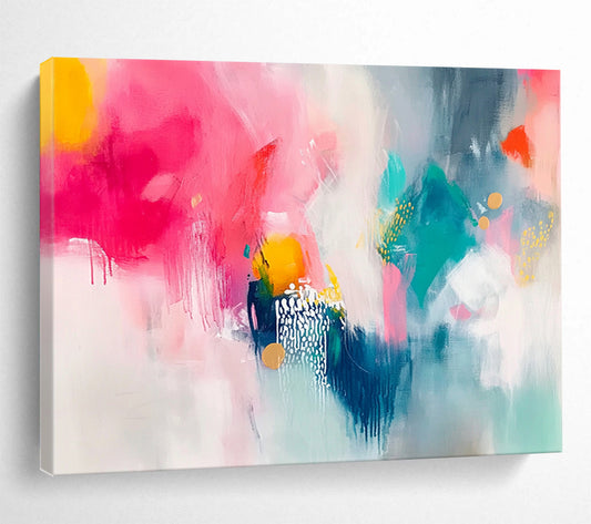 “Vibrant Pink Teal Abstract” - Pink, Teal, Yellow, White, Colorful Forms - Painting On Canvas HB1419