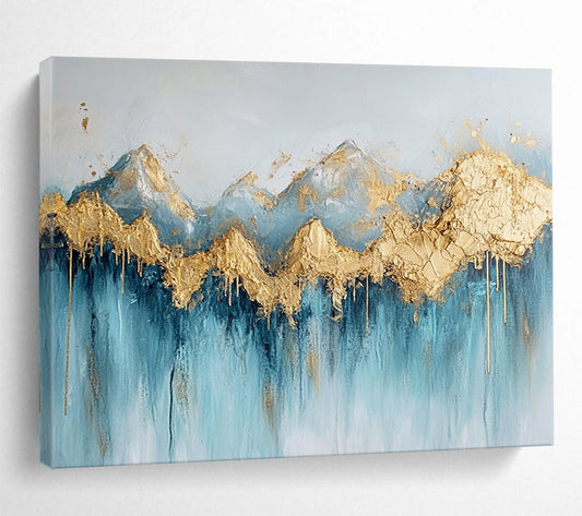“Gilded Peaks Cascade” - Blue, Gold, White, Textured Mountain & Waterfall Scenes Painting On Canvas HB1020