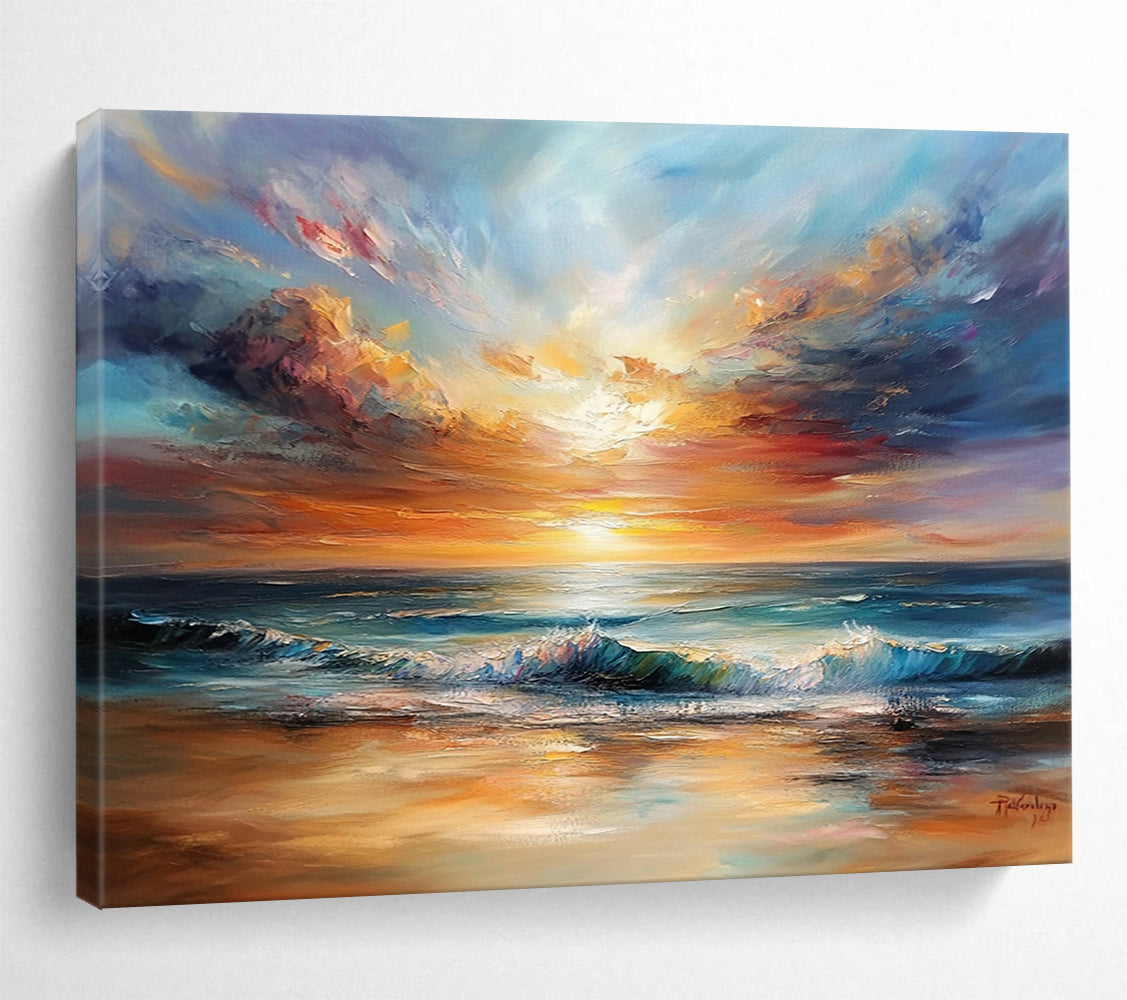 Golden - Hued Sea Sunset with Vibrant Skies - Impasto Seaside Painting On Canvas HB0444
