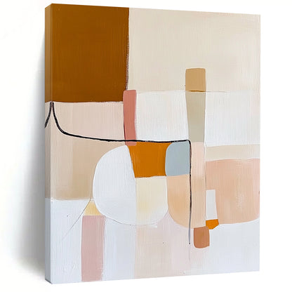 Contemporary abstract oil painting featuring minimal shapes and lines in beige, white, pastel pink, light blue, orange, and brown inspired by Matisse. DLZ0488