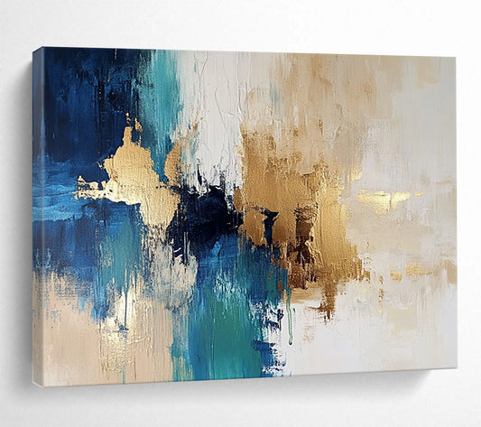 “Blue and Gold Abstract Fusion” - Blue, Gold, White, Abstract Color Fusion Painting On Canvas HB0968