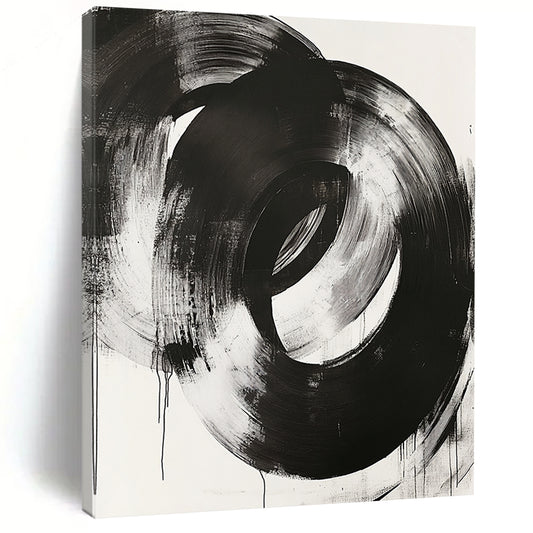 Black, White, Overlapping Circular Strokes "Ink Rings" Abstract Minimalist Painting On Canvas HB136