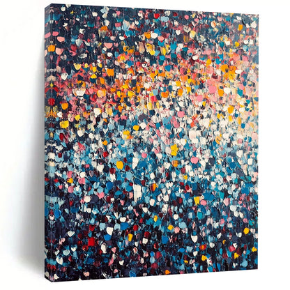 Vibrant contemporary hand-painted abstract artwork featuring a stunning array of tiny flowers in vivid colors against a dark clouded sky. DLZ1007