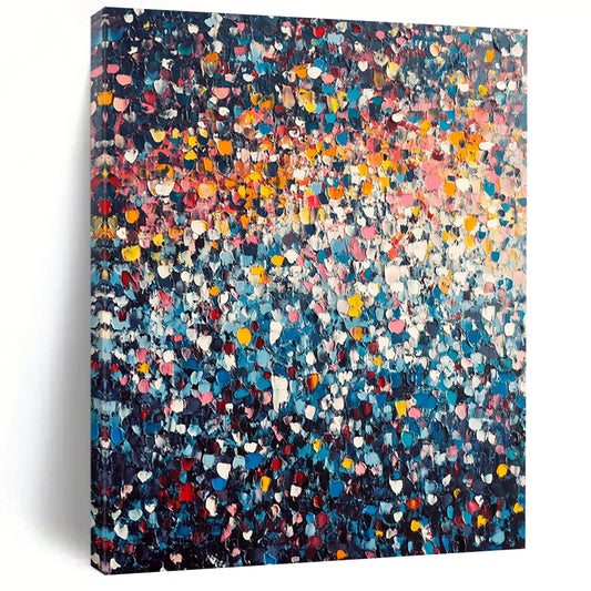 Vibrant contemporary hand-painted abstract artwork featuring a stunning array of tiny flowers in vivid colors against a dark clouded sky. DLZ1007