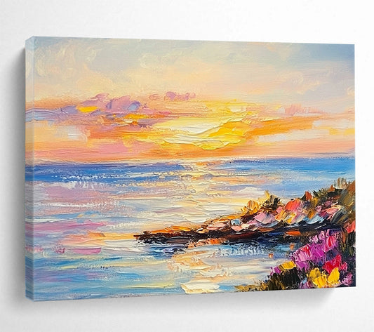 Colorful Coastal Sunset with Wildflowers - Impressionistic Seaside Painting On Canvas HB0442