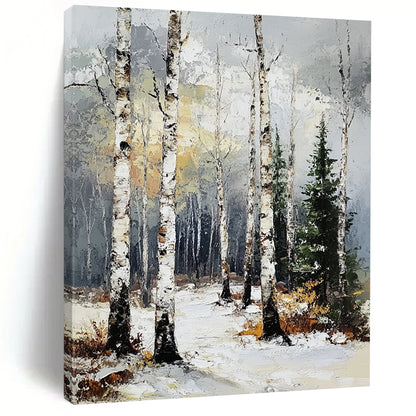 Contemporary abstract artwork featuring a birch forest in winter with textured brush strokes and a muted color palette of gray, white, and yellow. DLZ1673