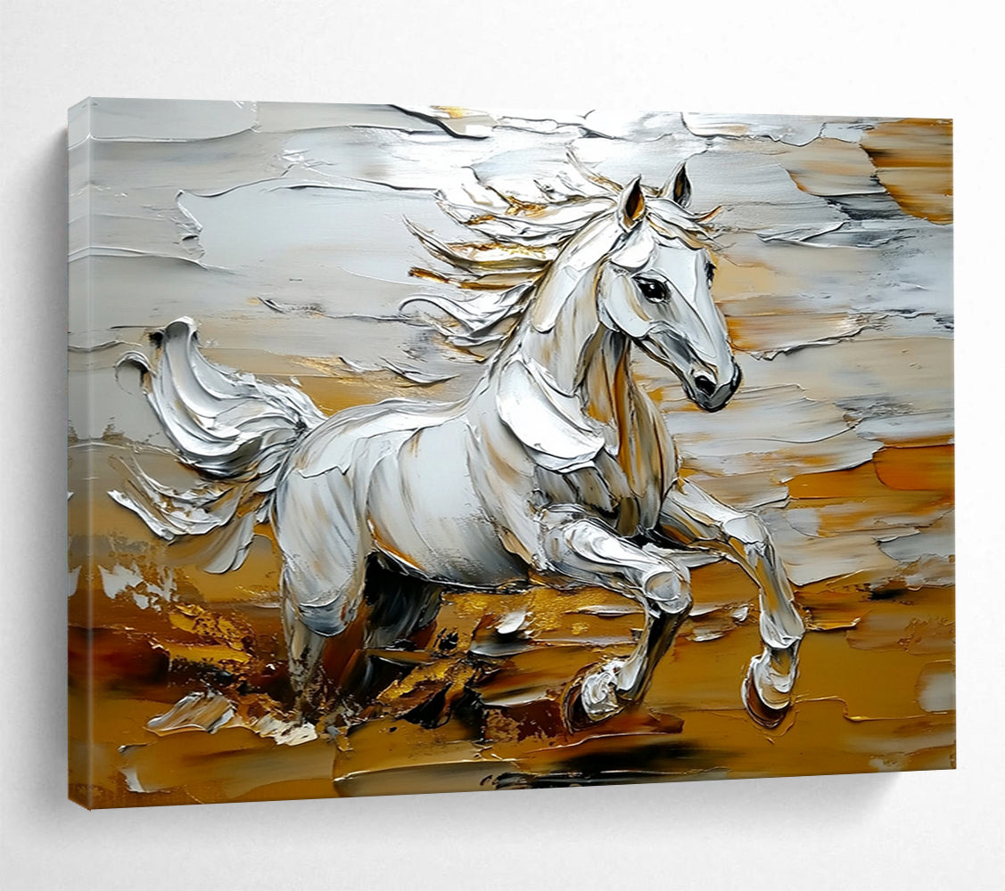 “Galloping White Horse” - Whites, Golds, Browns, Running Horse - Palette Knife Oil Painting HB1570