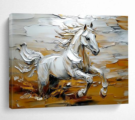 “Galloping White Horse” - Whites, Golds, Browns, Running Horse - Palette Knife Oil Painting HB1570