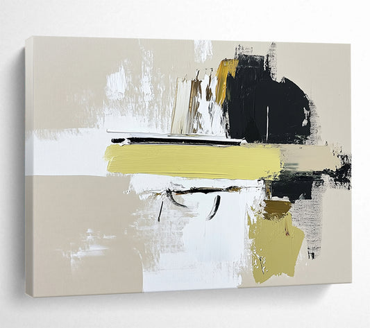 “Abstract Yellow Accent” - Beige, White, Black, Yellow, Dynamic Abstract Shapes Painting On Canvas HB0961