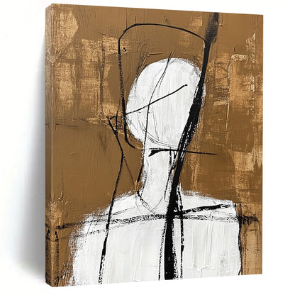 Contemporary abstract artwork featuring a simple white figure with black lines and a warm brown background inspired by Jean Cocteau's style. DLZ1463