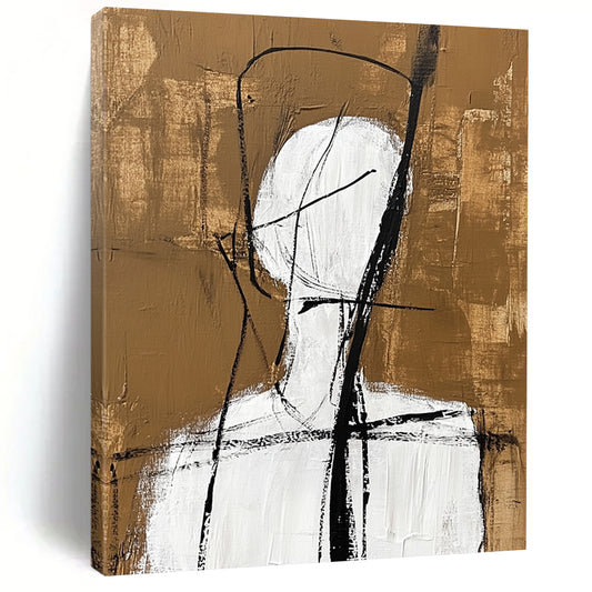 Contemporary abstract artwork featuring a simple white figure with black lines and a warm brown background inspired by Jean Cocteau's style. DLZ1463