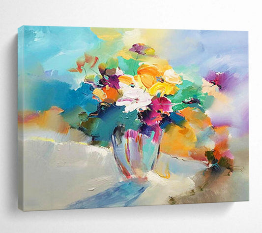 Colorful Flower Vase Oil Painting - Vibrant Living Room or Dining Room Art DLZ191
