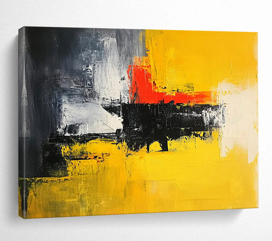 “Yellow Red Black Abstract” - Yellow, Red, Black, White, Gray, Textured Brushstrokes - Painting On Canvas HB1442