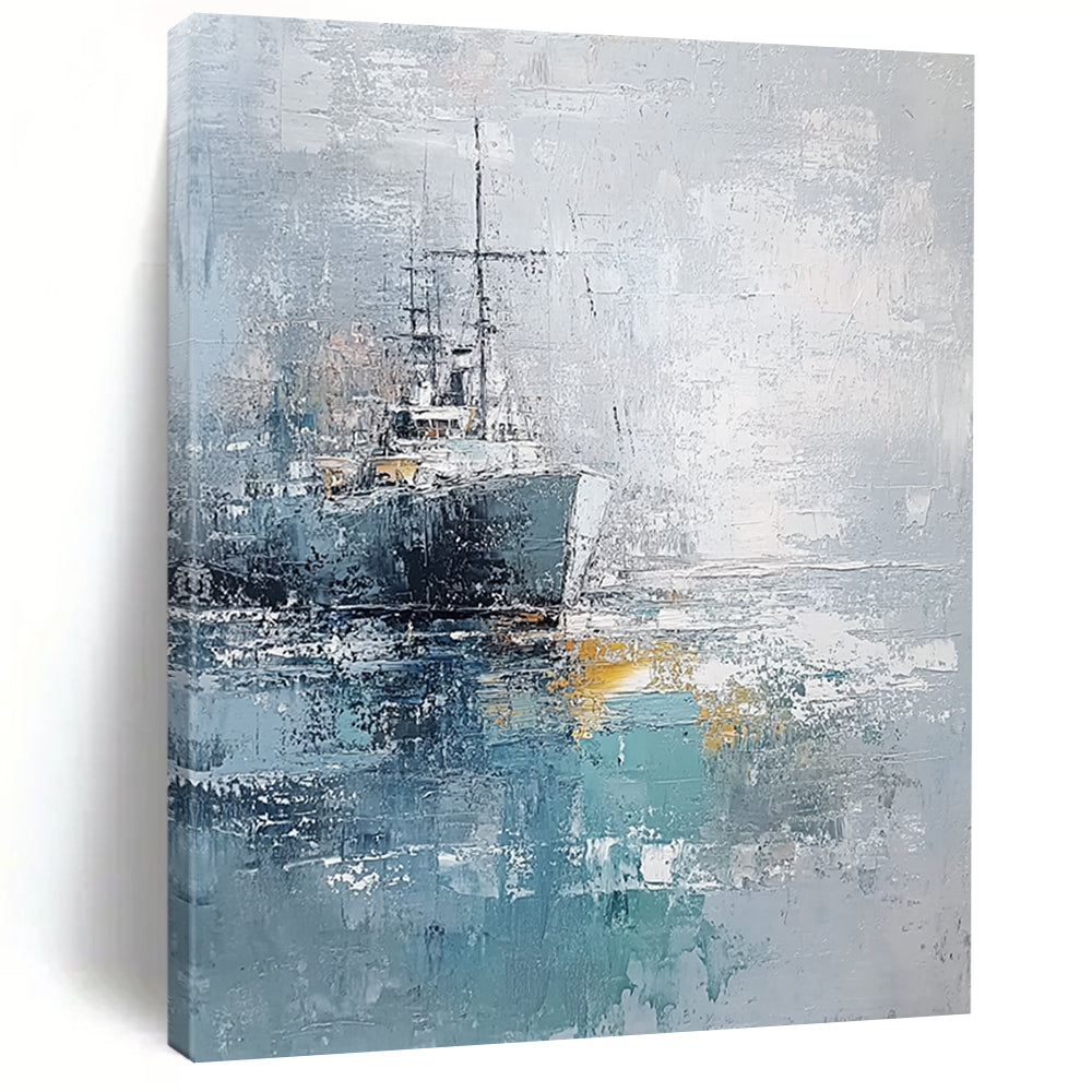 Contemporary abstract painting featuring the sea and a ship with impasto texture in light blue gray and white tones on canvas. DLZ0655