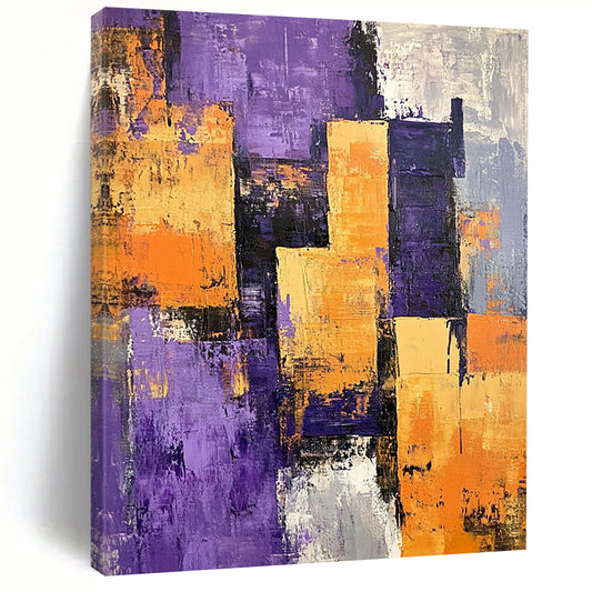 Contemporary abstract painting featuring a textured purple orange and grey cityscape with large buildings casting shadows across vibrant layers. DLZ0990