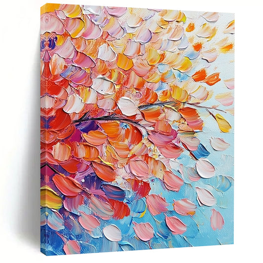 Contemporary abstract painting featuring vibrant pink and orange flowers with colorful leaves on a soft sky-blue background, rich in texture and movement. DLZ0620