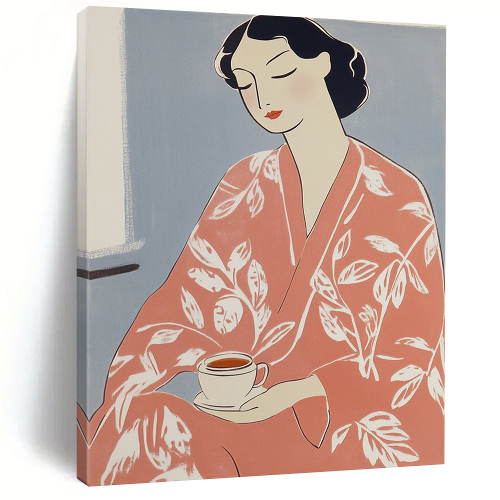 Contemporary abstract artwork features a woman in a pink kimono holding tea adorned with a white flower pattern inspired by Matisse's vibrant style. DLZ1597