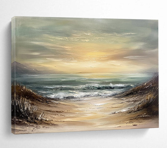 “Muted Beach Path” - Beige, Green, Blue, Sandy Path to the Sea - Textured Oil Painting HB1703