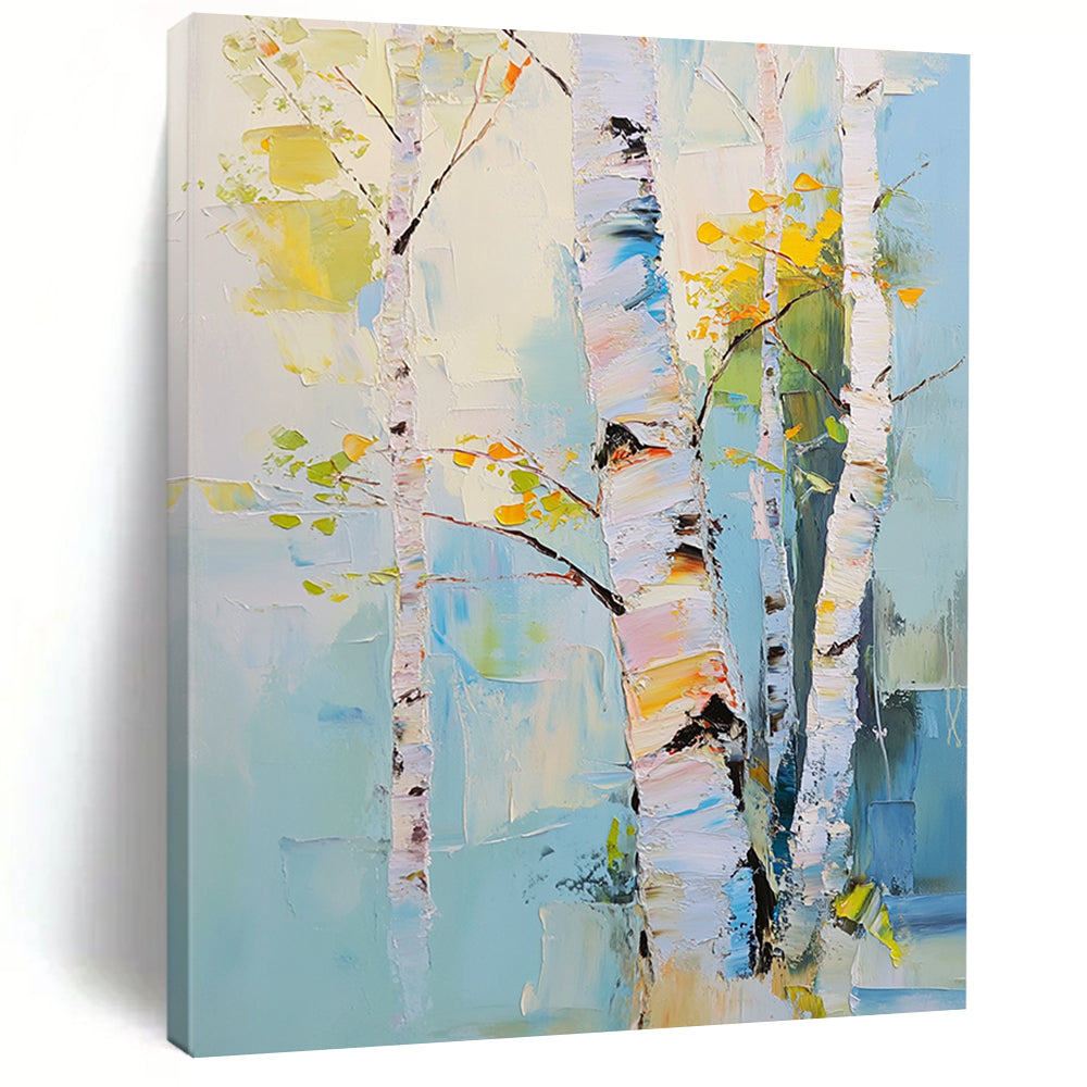 Contemporary hand-painted abstract art featuring birch trees with pastel hues expressing nature's beauty through soft brushstrokes and atmospheric light effects. DLZ1104
