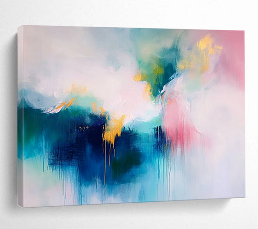 “Pink and Gold Abstract Drip” - Pink, gray, gold; Abstract drip with gold accents; Acrylic Painting On Canvas HB1280