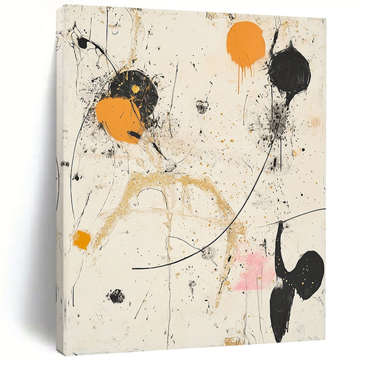 Black, White, Orange, Gold, Splattered Shapes "Chaotic Cosmos" Abstract Expressionist Painting On Canvas HB101