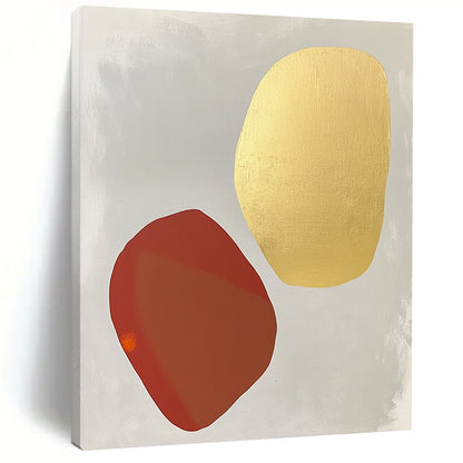 Contemporary abstract painting featuring white and gold shapes on light gray with organic forms and soft tones highlighted by pale red and orange accents. DLZ1735