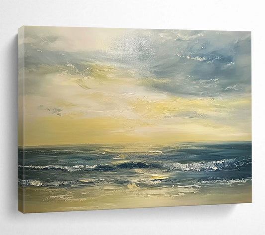 “Golden Ocean Sunset” - Yellows, Oranges, Blues, Ocean at Sunset - Palette Knife Oil Painting HB1598
