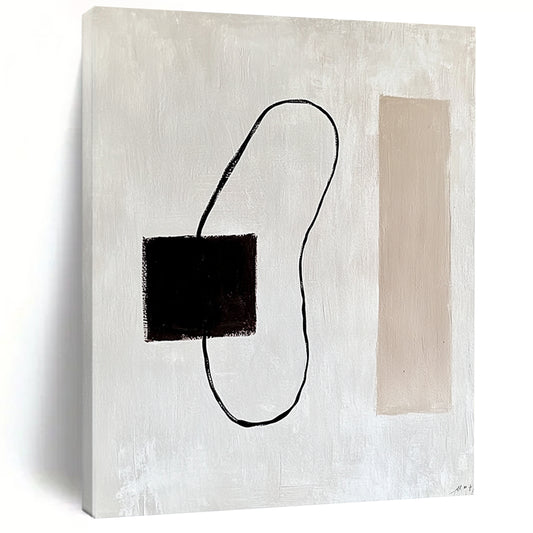 Contemporary abstract painting featuring a dark brown electrical wire on a white background with minimalist lines and a beige rectangle inspired by Matisse. DLZ1316