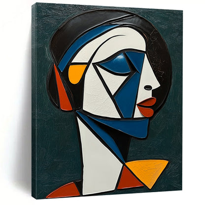 Large contemporary hand-painted abstract artwork featuring a cubist African woman with white and blue accents against a dark green background. DLZ1239