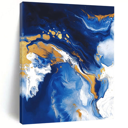 Contemporary abstract artwork featuring fluid acrylic swirls in blue and gold with textures of ocean waves white clouds and glitter accents. DLZ0327