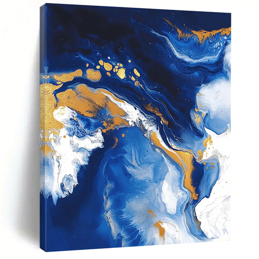 Contemporary abstract artwork featuring fluid acrylic swirls in blue and gold with textures of ocean waves white clouds and glitter accents. DLZ0327
