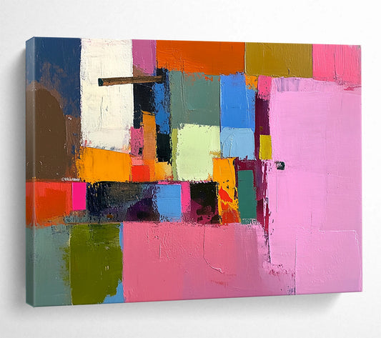 “Colorful Cubes” - Pink, Orange, Blue, Green, Abstract Cubist Blocks Painting On Canvas HB1058
