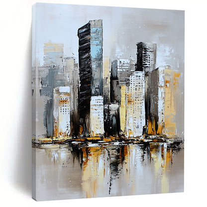 Contemporary abstract painting featuring a textured neutral-toned skyline with soft brushstrokes and serene reflections on water in a muted atmosphere. DLZ0852
