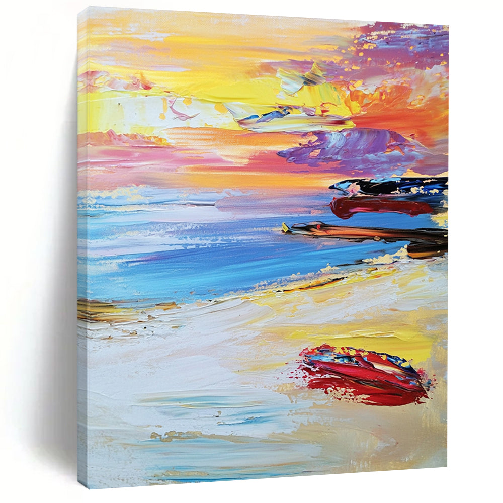 Contemporary abstract beach artwork features a vibrant sunset with colorful waves and boats under a dreamy pastel sky and soft white sand below. DLZ1504