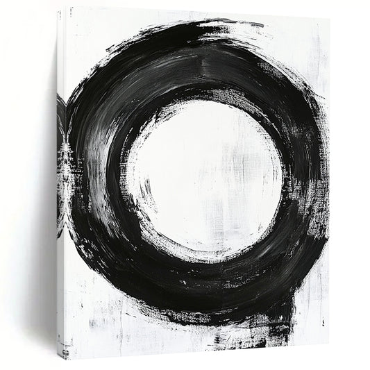 Black, White, Refined Circular Stroke "Pure Enso" Abstract Minimalist Painting On Canvas HB045