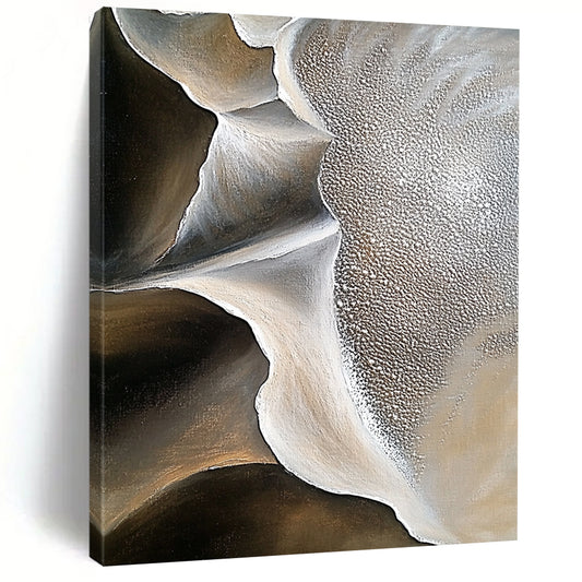 Large contemporary abstract artwork showcasing intricate sand dune patterns and contrasting rock formations with rich oil paint texture and minimalistic desert depth. DLZ1181