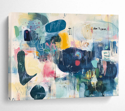 “Colorful Chaos with Text” - Multicolor, Abstract Forms, “don't care” Text - Contemporary Mixed - Media Acrylic Painting HB1550