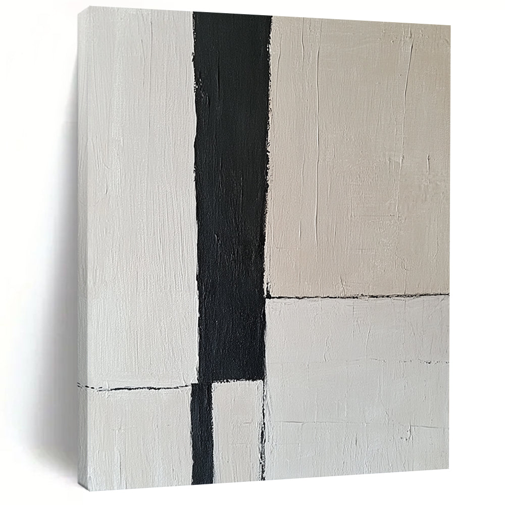 Contemporary abstract artwork features an off-white wall with a striking black vertical stripe, embodying the essence of minimalism through simple lines. DLZ1318