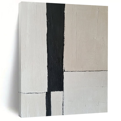 Contemporary abstract artwork features an off-white wall with a striking black vertical stripe, embodying the essence of minimalism through simple lines. DLZ1318